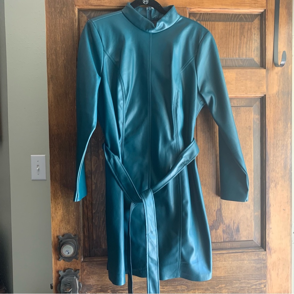 Mock turtle neck Teal faux leather mini dress